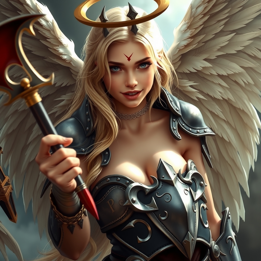 angel tempts devil mischievous smile sexy armor by मुफ्त एआई छवि जनरेटर - बिना लॉगिन के✨ | AIGAZOU