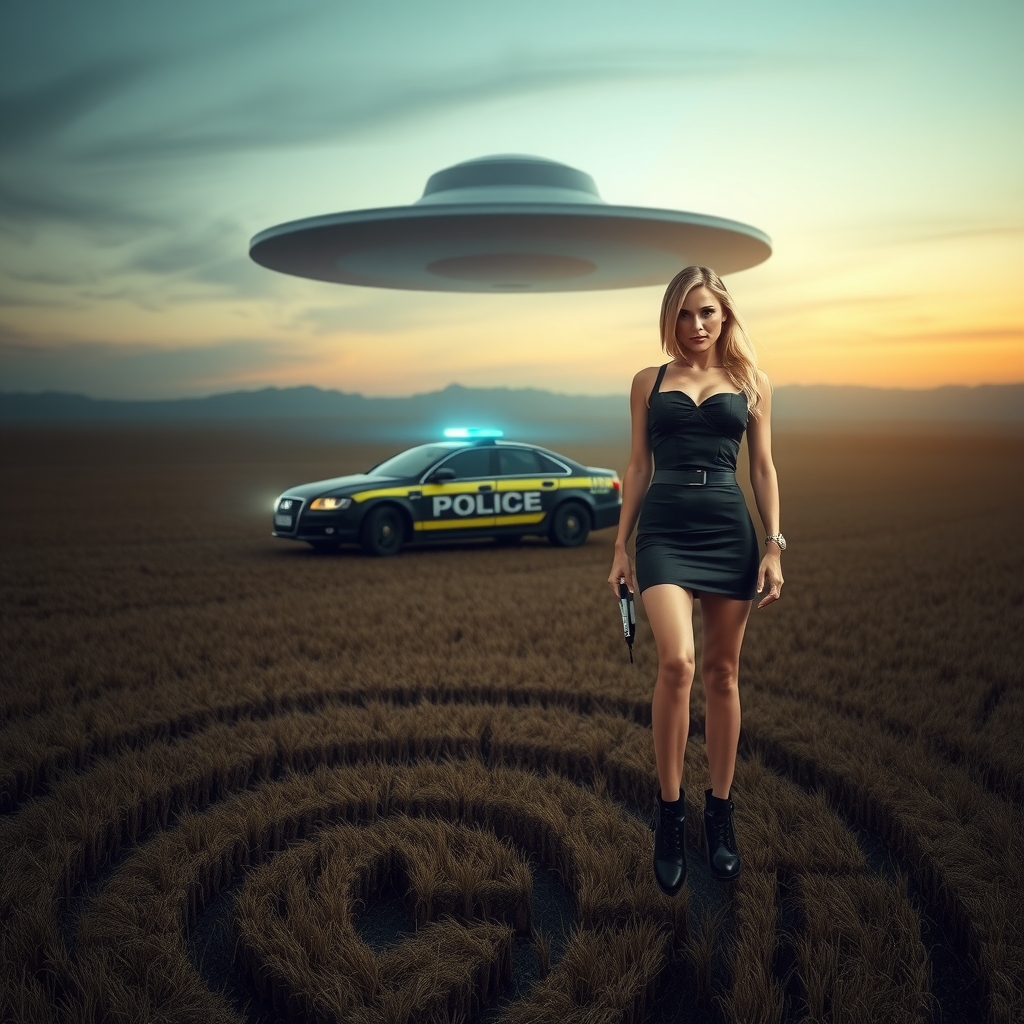 ufo over a cornfield horizon police car bluelight policewoman in front kneeling looking at camera by मुफ्त एआई छवि जनरेटर - बिना लॉगिन के✨ | AIGAZOU