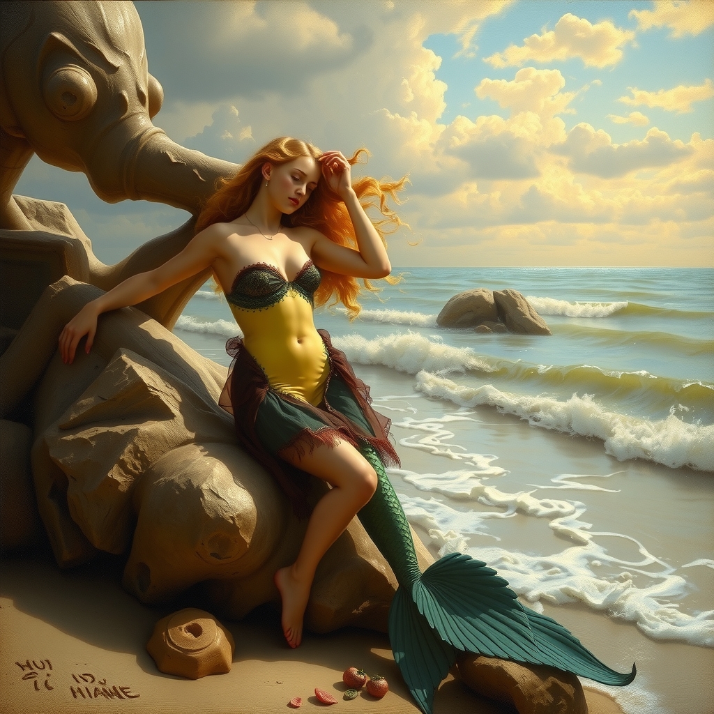 mermaid on the beach in lord leighton style by मुफ्त एआई छवि जनरेटर - बिना लॉगिन के✨ | AIGAZOU