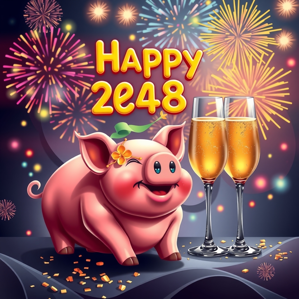 bright colorful new year card with fireworks pig and champagne by मुफ्त एआई छवि जनरेटर - बिना लॉगिन के✨ | AIGAZOU