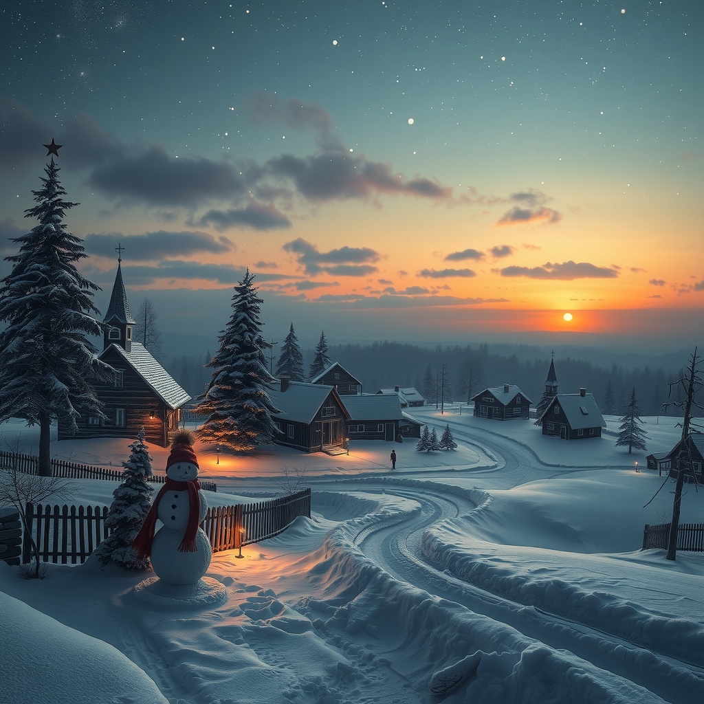 snowy landscape twilight starry sky russian style village christmas tree snowman muted colors fantastic realism by 免费AI图像生成工具 | AIGAZOU