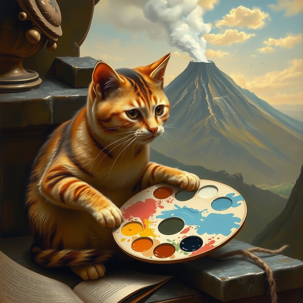 a ragdoll cat playing with a paint palette and a volcano in the background in the style of 19th century by मुफ्त एआई छवि जनरेटर - बिना लॉगिन के✨ | AIGAZOU