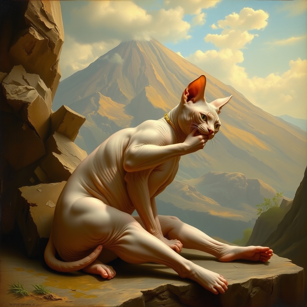 a sphynx cat playing with vesuvius in the background in the style of 19th century italian painting by मुफ्त एआई छवि जनरेटर - बिना लॉगिन के✨ | AIGAZOU