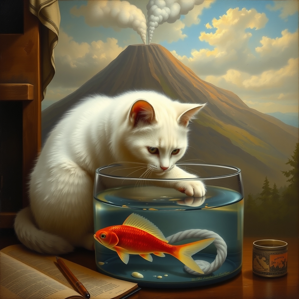 white ragdoll cat playing with water bowl with red fish and volcano background in italian painting style of the 19th by मुफ्त एआई छवि जनरेटर - बिना लॉगिन के✨ | AIGAZOU