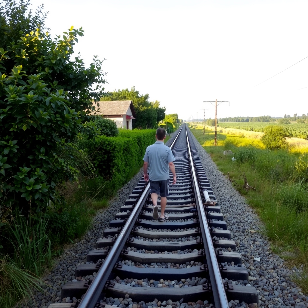 man walking railroad track rural area lush greenery by मुफ्त एआई छवि जनरेटर - बिना लॉगिन के✨ | AIGAZOU