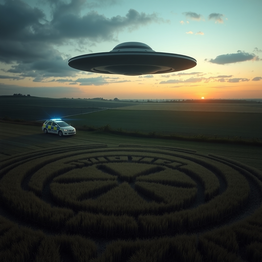 ufo over a cornfield horizon police car blue light by मुफ्त एआई छवि जनरेटर - बिना लॉगिन के✨ | AIGAZOU