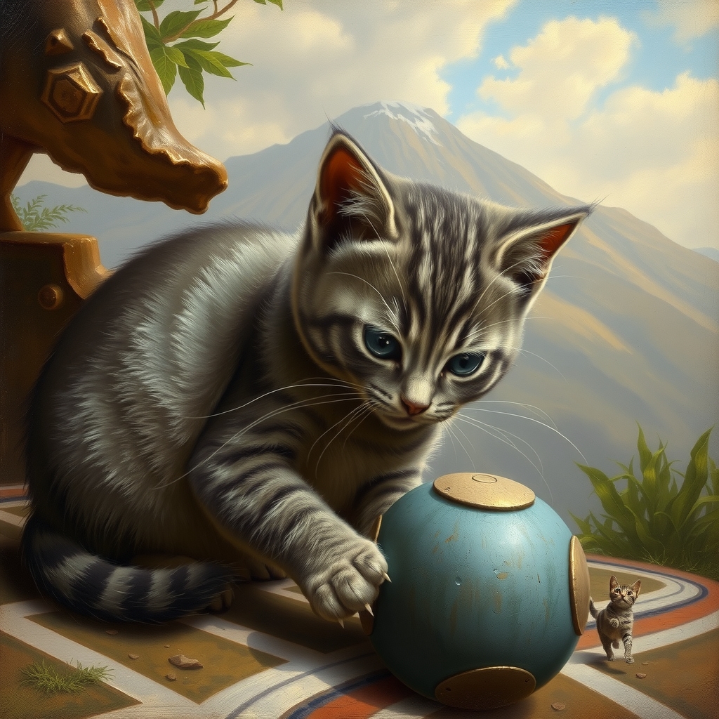 gray british shorthair kitten playing with ball and vesuvius background in italian 19th century painting style by मुफ्त एआई छवि जनरेटर - बिना लॉगिन के✨ | AIGAZOU