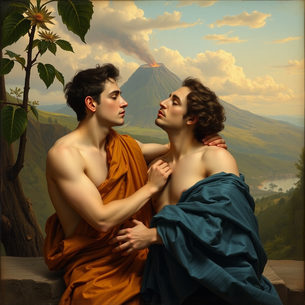 two men making love with vesuvius in background italian painting style 19th century by मुफ्त एआई छवि जनरेटर - बिना लॉगिन के✨ | AIGAZOU