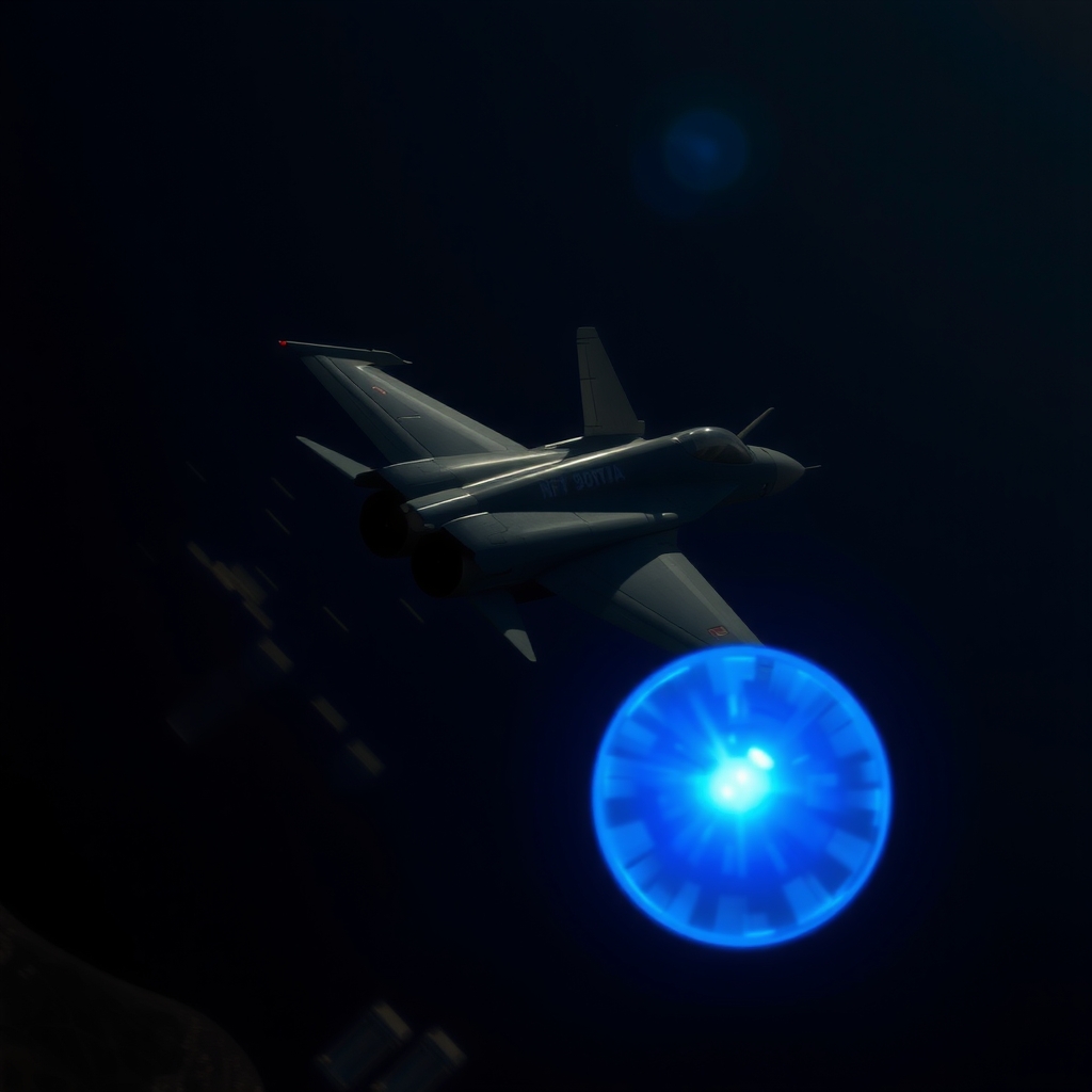 a small blue plasma ball floating near a modern fighter jet at night by मुफ्त एआई छवि जनरेटर - बिना लॉगिन के✨ | AIGAZOU