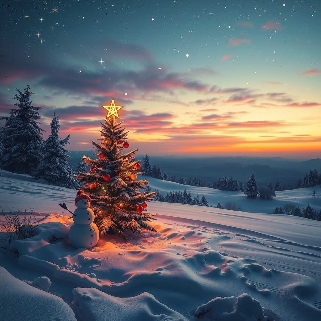 snowy landscape twilight starry sky christmas tree by Générateur d'images par IA gratuit - Aucune connexion nécessaire✨ | AIGAZOU