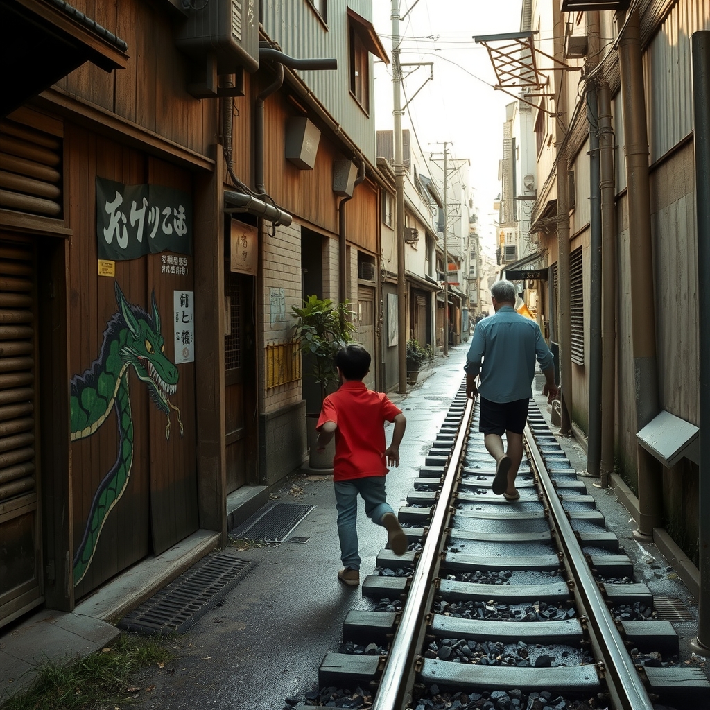 man walking railroad track rural area narrow alleyway japanese urban area old wooden metal clad buildings utility pipes faded posters by Générateur d'images par IA gratuit - Aucune connexion nécessaire✨ | AIGAZOU