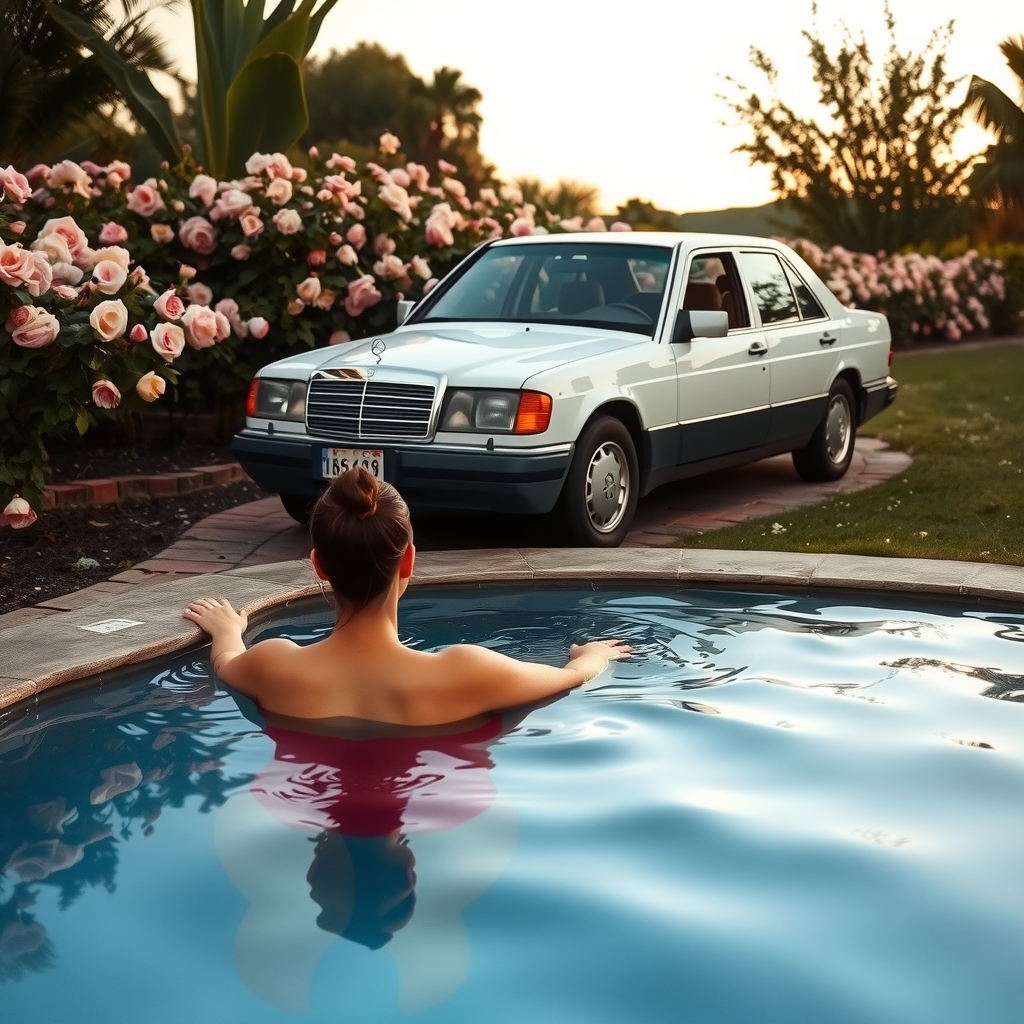 mercedes w124 230e in a rose garden early morning woman swims nude by मुफ्त एआई छवि जनरेटर - बिना लॉगिन के✨ | AIGAZOU