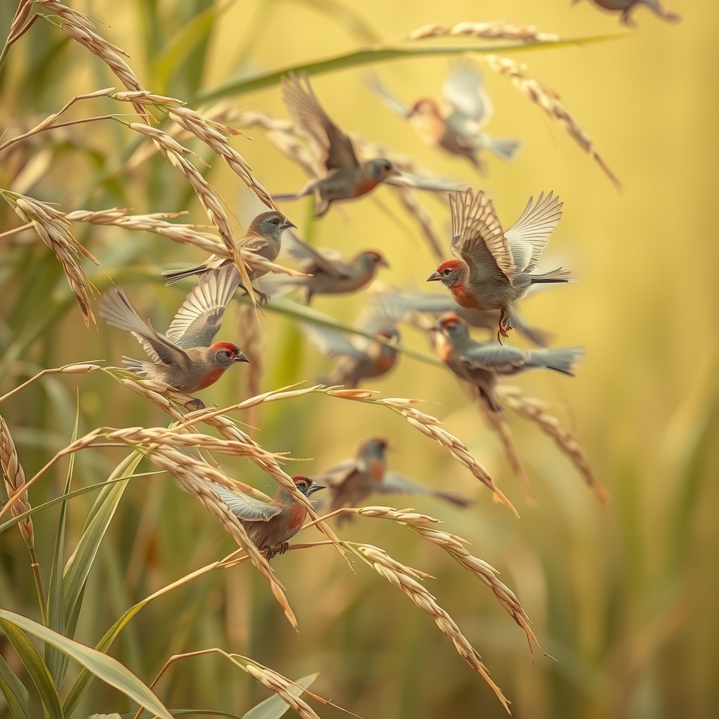 a flock of sparrows gathers on the rice ears by मुफ्त एआई छवि जनरेटर - बिना लॉगिन के✨ | AIGAZOU