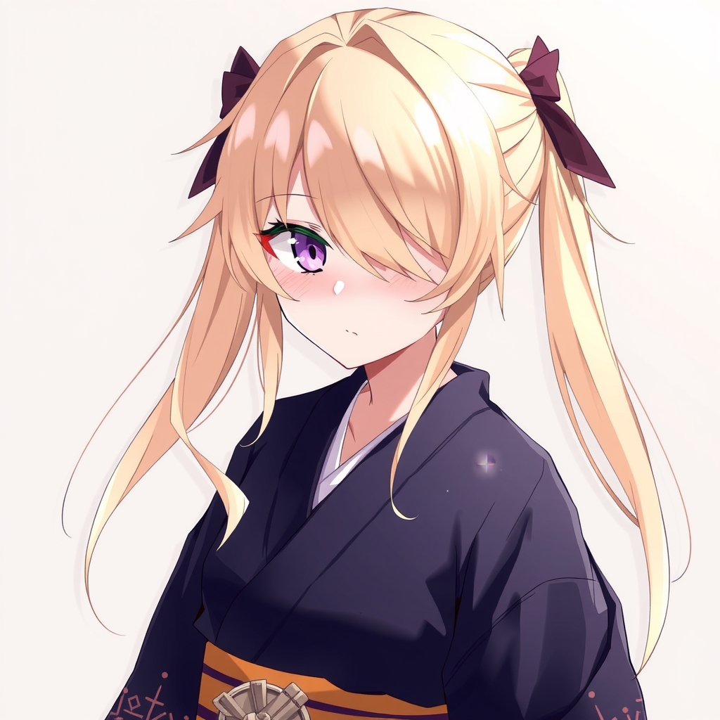 black kimono purple eyes one eye hidden long hair blonde twintail by मुफ्त एआई छवि जनरेटर - बिना लॉगिन के✨ | AIGAZOU