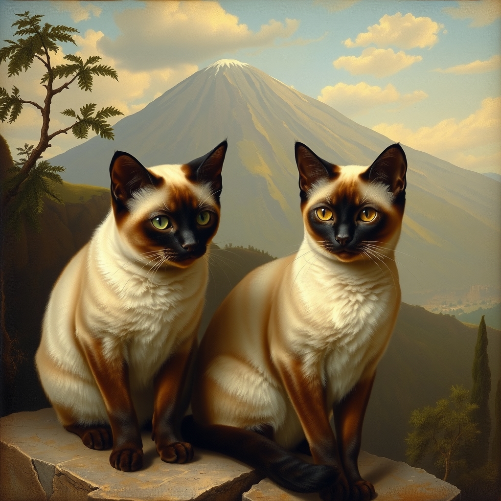 two siamese cats with vesuvius background italian painting style 19th century by मुफ्त एआई छवि जनरेटर - बिना लॉगिन के✨ | AIGAZOU