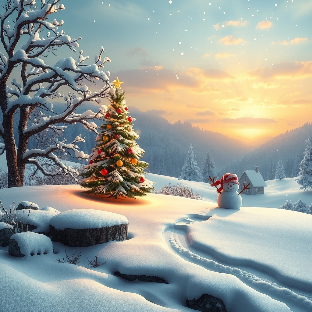 a christmas card with snowy landscape christmas tree and snowman set colors fantastic realism by मुफ्त एआई छवि जनरेटर - बिना लॉगिन के✨ | AIGAZOU