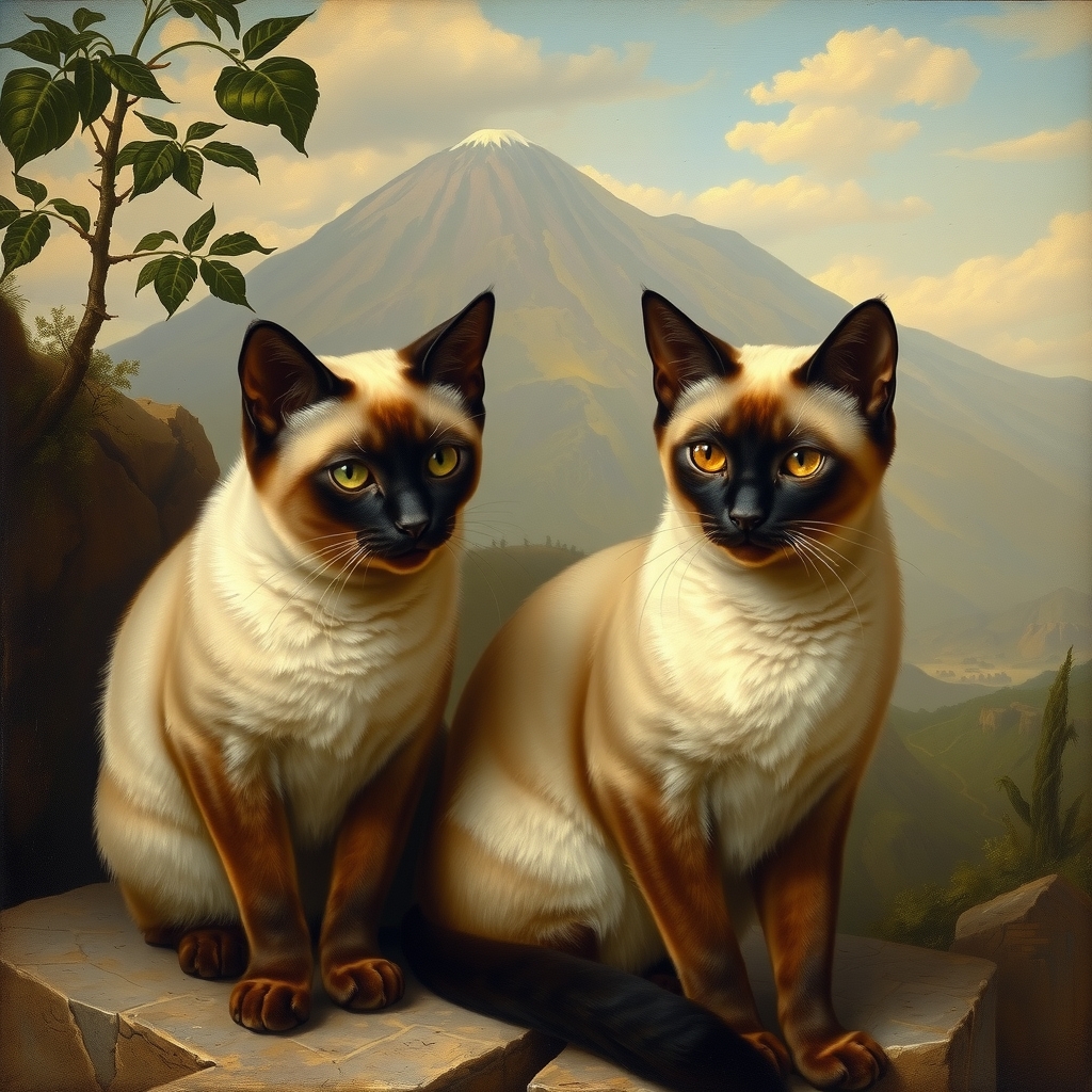 two siamese cats with vesuvius background italian painting style 19th century by मुफ्त एआई छवि जनरेटर - बिना लॉगिन के✨ | AIGAZOU