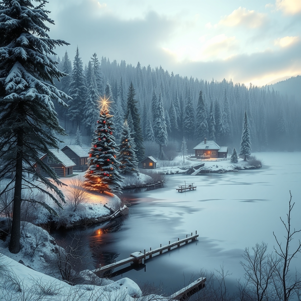 christmas forest frozen lake village by मुफ्त एआई छवि जनरेटर - बिना लॉगिन के✨ | AIGAZOU