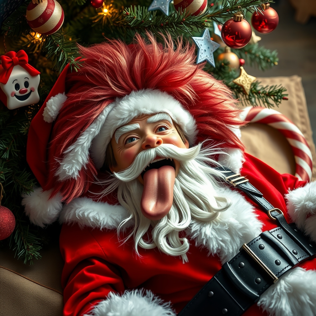 under a christmas tree lies a rocker santa with a rocker hairstyle and outfit showing tongue fantastic realism by Générateur d'images par IA gratuit - Aucune connexion nécessaire✨ | AIGAZOU