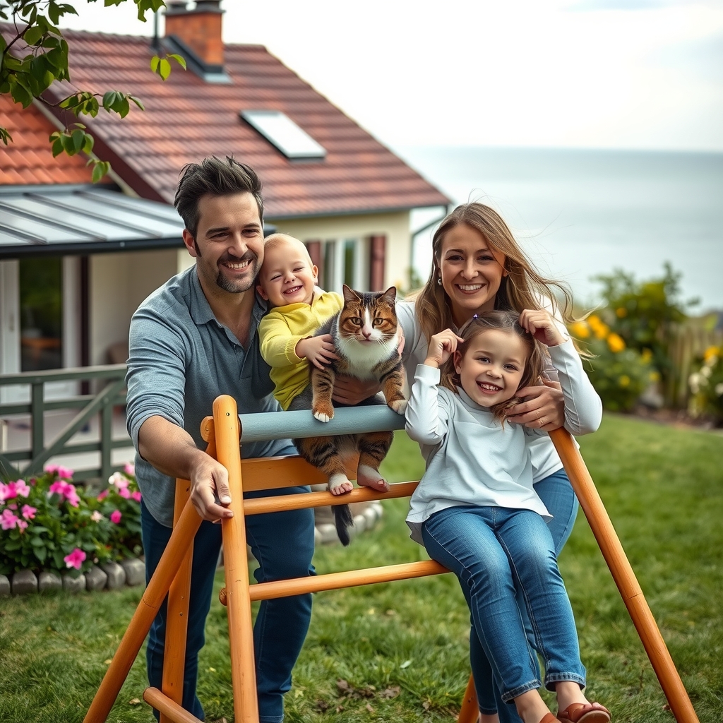 happy family playing with cat at climbing frame in garden near sea by मुफ्त एआई छवि जनरेटर - बिना लॉगिन के✨ | AIGAZOU