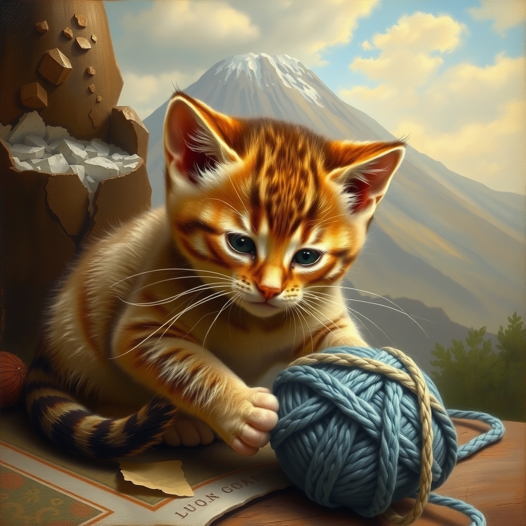 a cute ceylon kitten playing with a wool ball with a volcano in the background in the style of 19th by मुफ्त एआई छवि जनरेटर - बिना लॉगिन के✨ | AIGAZOU