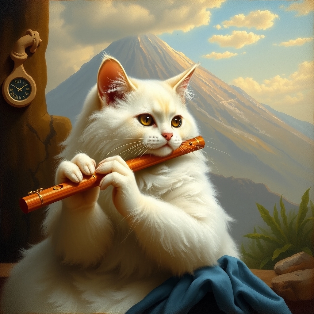 white ragdoll cat playing flute with vesuvius background italian painting style 19th century by मुफ्त एआई छवि जनरेटर - बिना लॉगिन के✨ | AIGAZOU