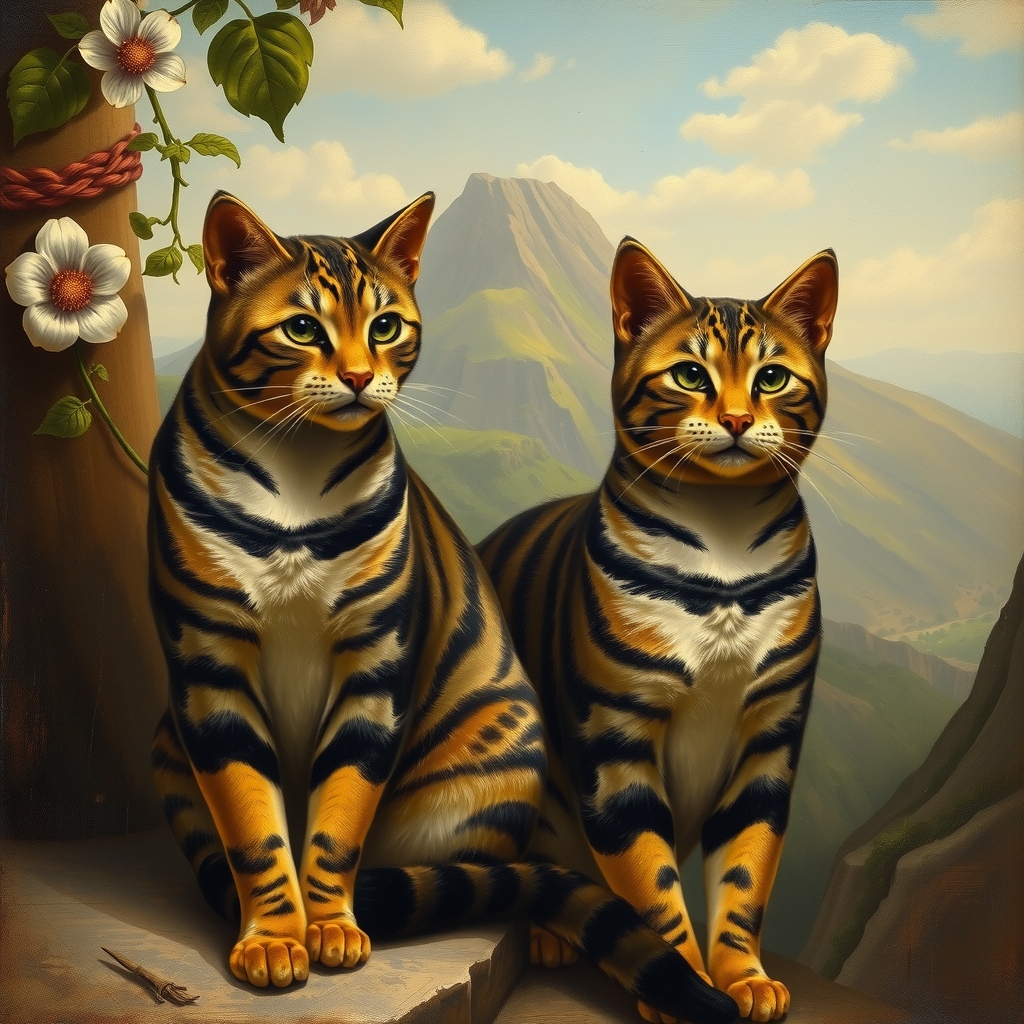 two tiger cats with vesuvius background italian painting style 19th century by मुफ्त एआई छवि जनरेटर - बिना लॉगिन के✨ | AIGAZOU