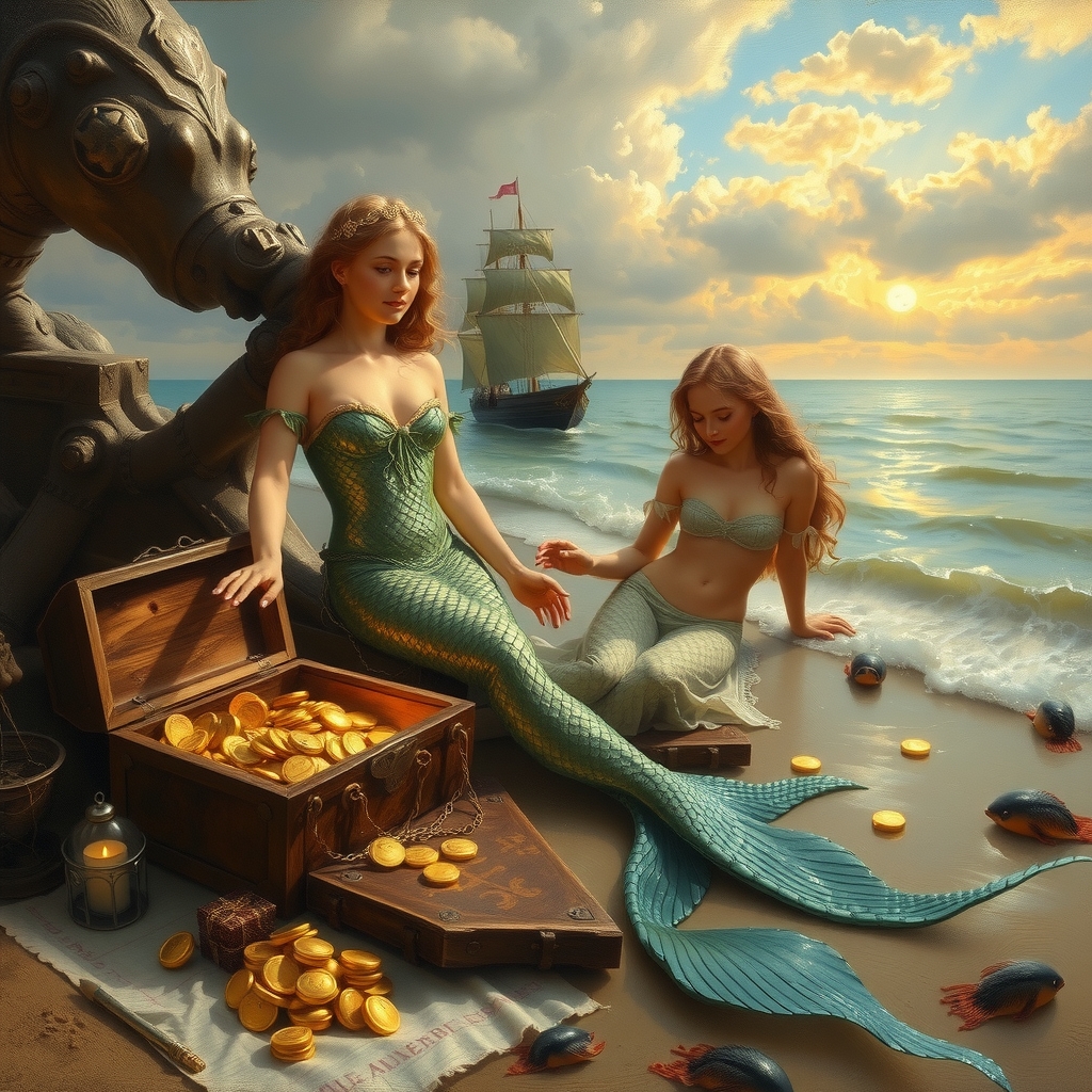 two mermaids treasure and gold on the beach in 19th century english painting style by मुफ्त एआई छवि जनरेटर - बिना लॉगिन के✨ | AIGAZOU