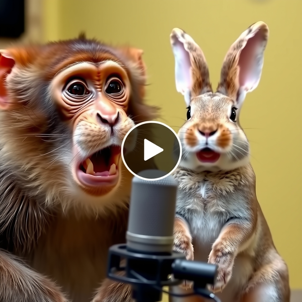 monkeys and rabbits singing in front of a microphone by मुफ्त एआई छवि जनरेटर - बिना लॉगिन के✨ | AIGAZOU