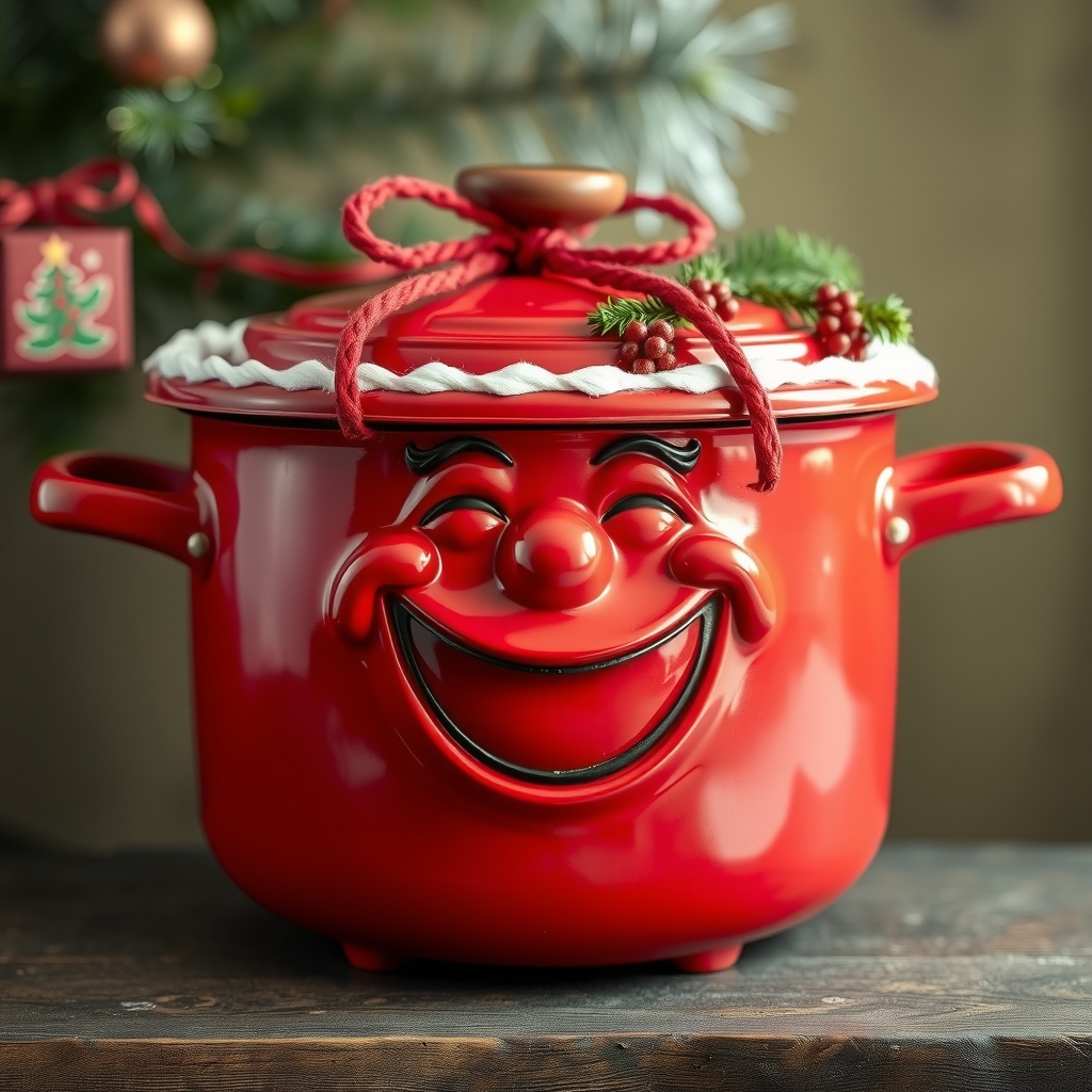 a red pot with a smiling face decorated for christmas fantastic realism by मुफ्त एआई छवि जनरेटर - बिना लॉगिन के✨ | AIGAZOU