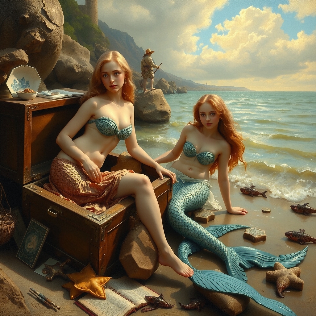 two mermaids treasure beach english painting style 19th century by 무료 AI 이미지 생성기 - 로그인 필요 없음✨ | AIGAZOU