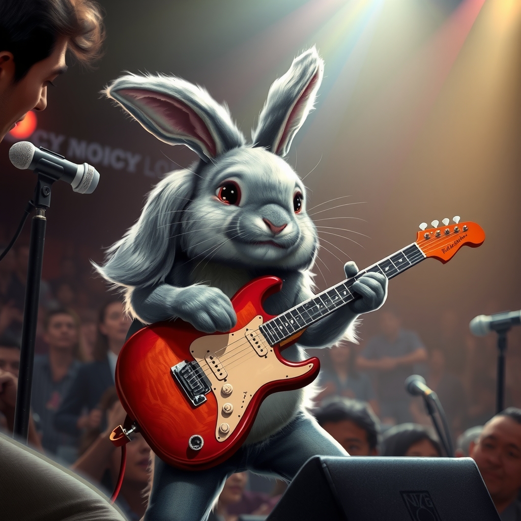 gris angora rabbit with droopy ears rocking out on stage by मुफ्त एआई छवि जनरेटर - बिना लॉगिन के✨ | AIGAZOU