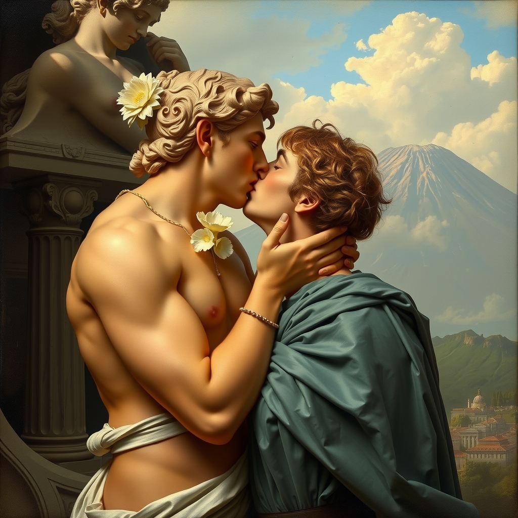 a true man kissing a statue of aphrodite with vesuvius in the background in the style of 19th century italian by मुफ्त एआई छवि जनरेटर - बिना लॉगिन के✨ | AIGAZOU