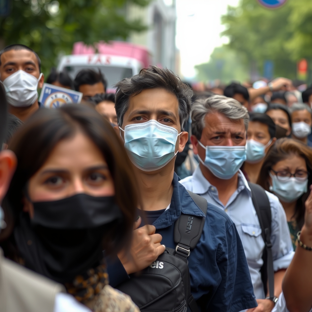 people fleeing wearing masks by मुफ्त एआई छवि जनरेटर - बिना लॉगिन के✨ | AIGAZOU