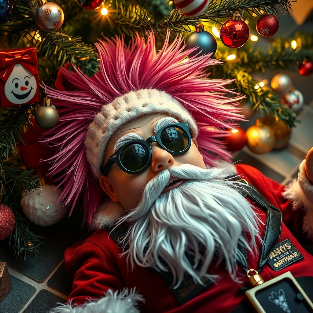 under a christmas tree lies a punk santa with a punk haircut and punk outfit making faces fantastic realism by मुफ्त एआई छवि जनरेटर - बिना लॉगिन के✨ | AIGAZOU