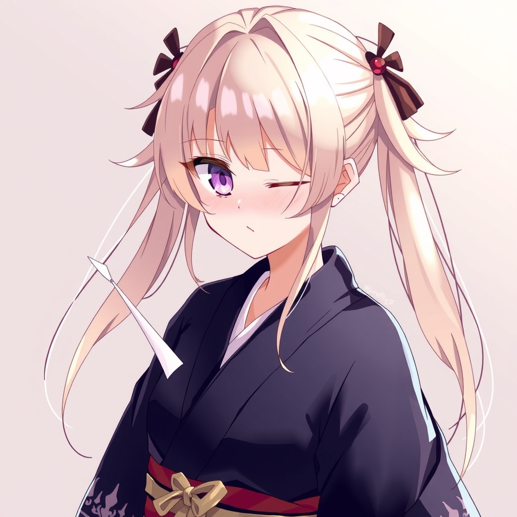 black kimono purple eyes hidden one eye blonde twintail by मुफ्त एआई छवि जनरेटर - बिना लॉगिन के✨ | AIGAZOU