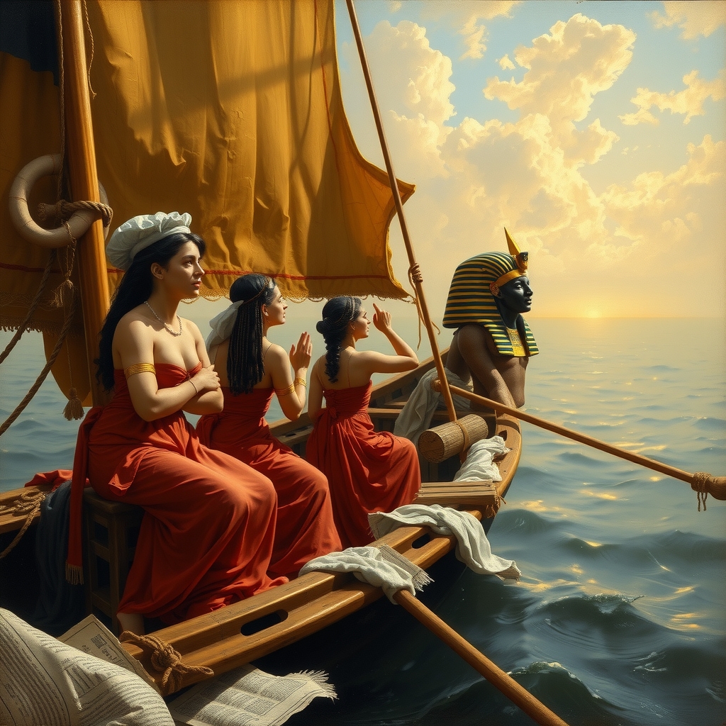 ancient egyptian boat with maidens seeking osiris head italian 19th century painting by मुफ्त एआई छवि जनरेटर - बिना लॉगिन के✨ | AIGAZOU