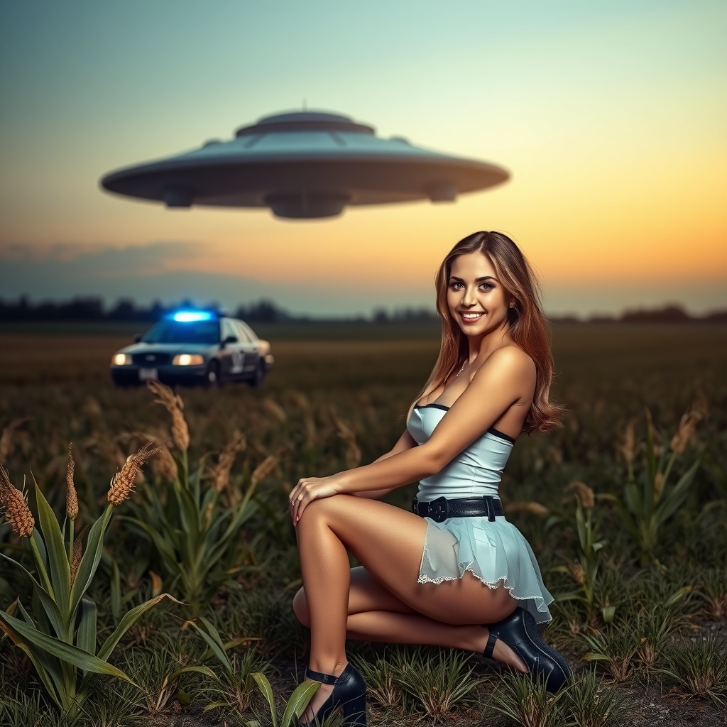 ufo over a cornfield horizon police car with siren before a barely dressed hot policewoman who smiles at the camera by मुफ्त एआई छवि जनरेटर - बिना लॉगिन के✨ | AIGAZOU