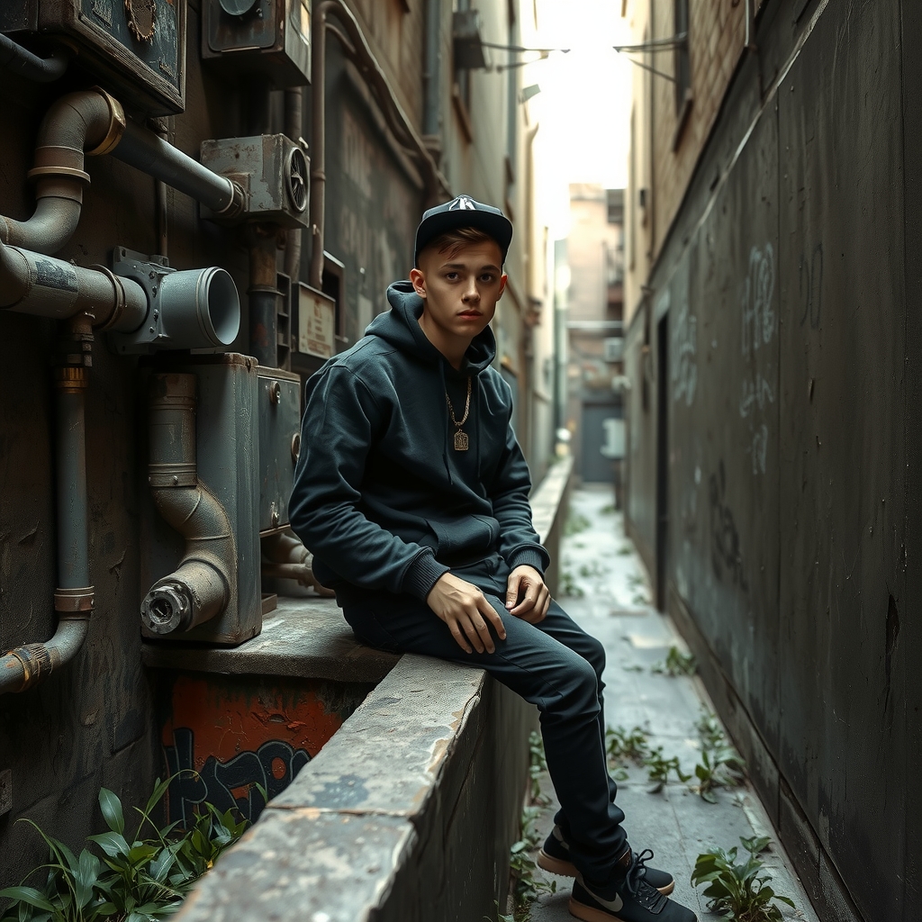 narrow urban alleyway industrial worn down walls pipes vents electrical boxes gritty street art style young man dark streetwear cap by मुफ्त एआई छवि जनरेटर - बिना लॉगिन के✨ | AIGAZOU