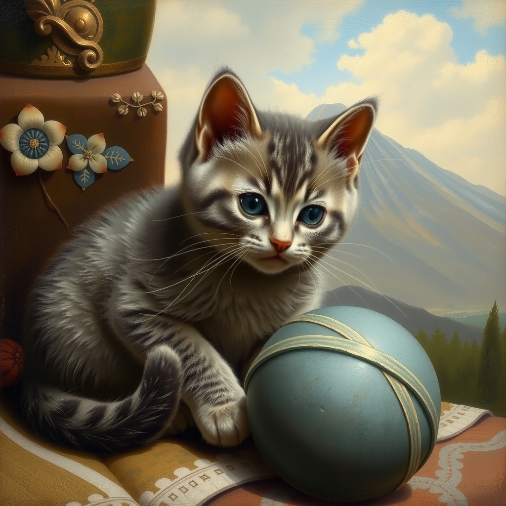 gray british shorthair kitten with ball and volcano background in 19th century italian painting style by मुफ्त एआई छवि जनरेटर - बिना लॉगिन के✨ | AIGAZOU