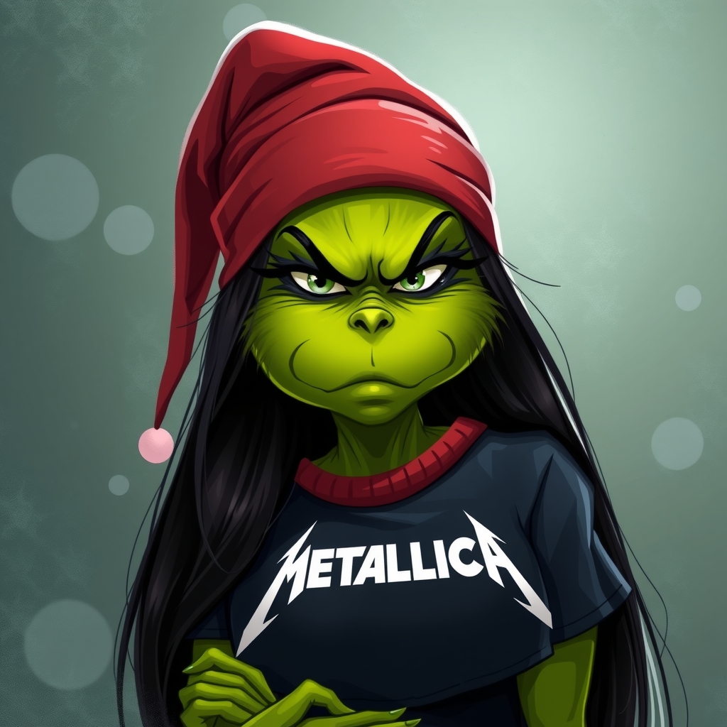 a beautiful female grinch with long black straight hair wearing a metallica t shirt by मुफ्त एआई छवि जनरेटर - बिना लॉगिन के✨ | AIGAZOU