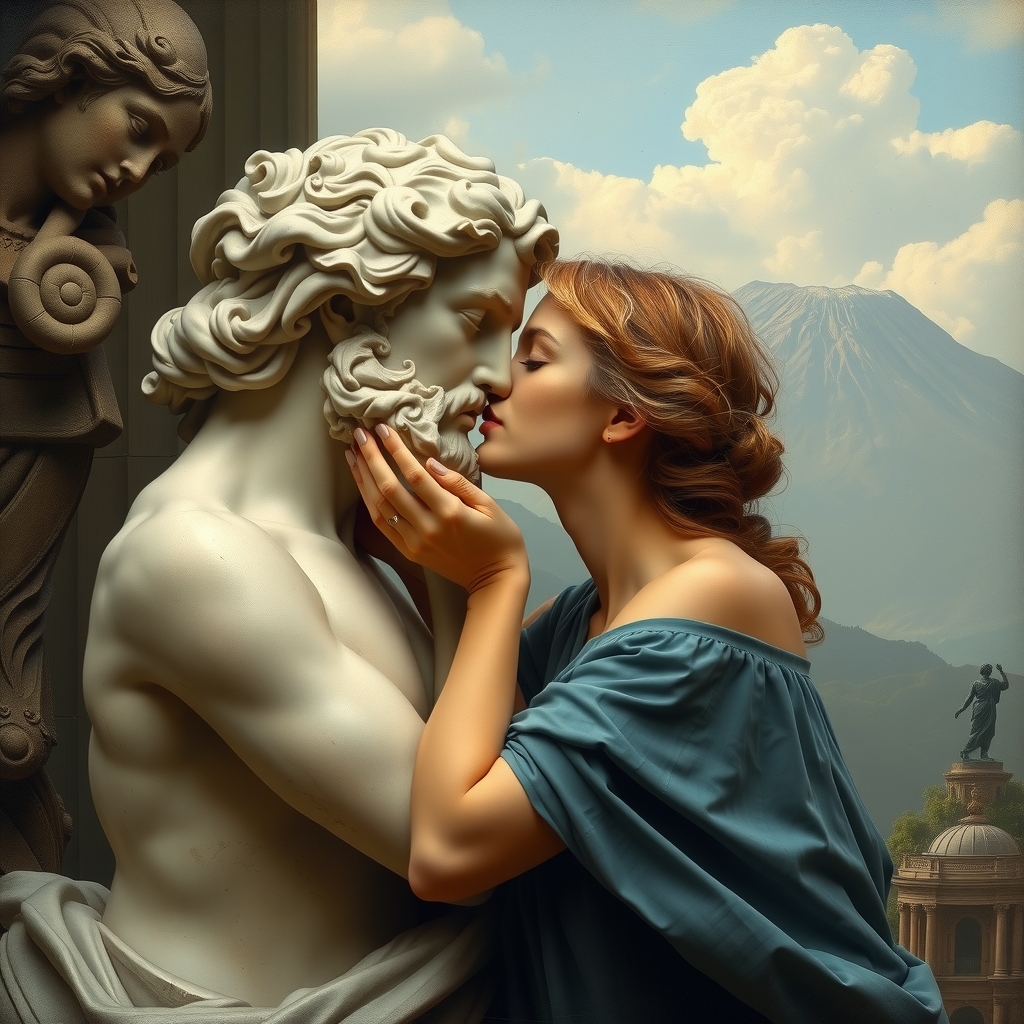 a woman kissing a marble statue of neptune by मुफ्त एआई छवि जनरेटर - बिना लॉगिन के✨ | AIGAZOU