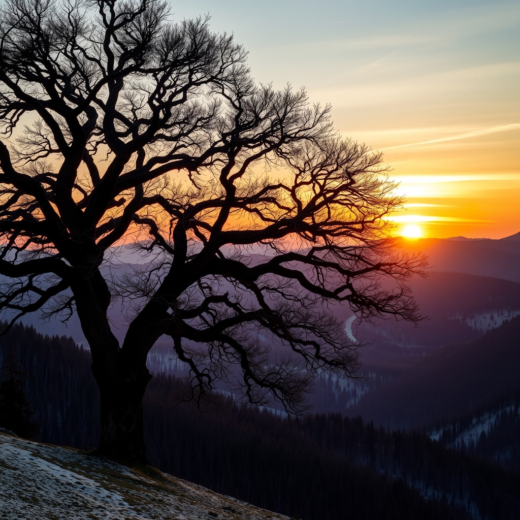 landscape winter sunset mountains old tree by Générateur d'images par IA gratuit - Aucune connexion nécessaire✨ | AIGAZOU