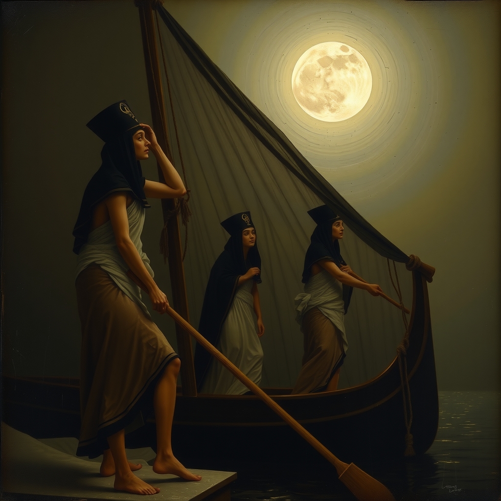 woman in black veil standing with maidens on egyptian boat searching for osiris head under full moon in italian 19th by मुफ्त एआई छवि जनरेटर - बिना लॉगिन के✨ | AIGAZOU