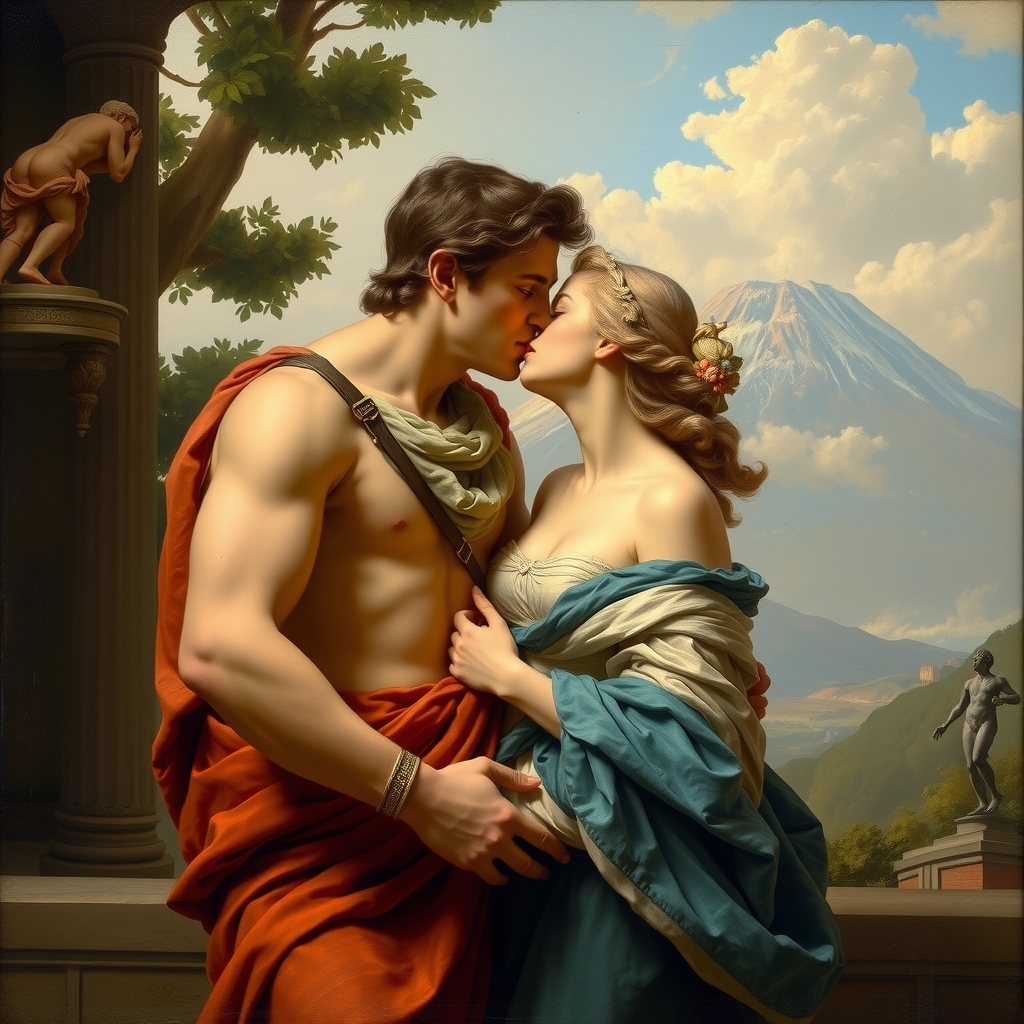 a true man kisses a statue of aphrodite lovers with vesuvius in the background italian painting style of the 19th by मुफ्त एआई छवि जनरेटर - बिना लॉगिन के✨ | AIGAZOU