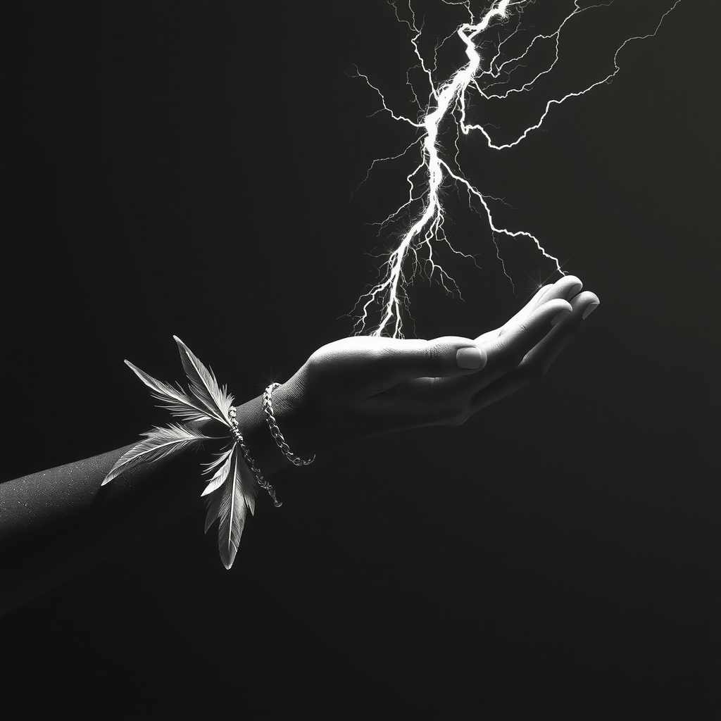 a dark background draws only an arm feather bracelets the hand is stretched and lightning comes out of the fingers by मुफ्त एआई छवि जनरेटर - बिना लॉगिन के✨ | AIGAZOU