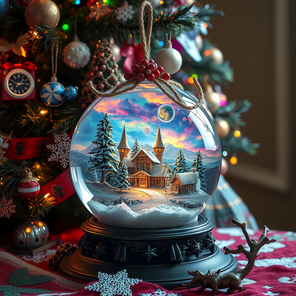 a colorful christmas tree with a snow globe by मुफ्त एआई छवि जनरेटर - बिना लॉगिन के✨ | AIGAZOU