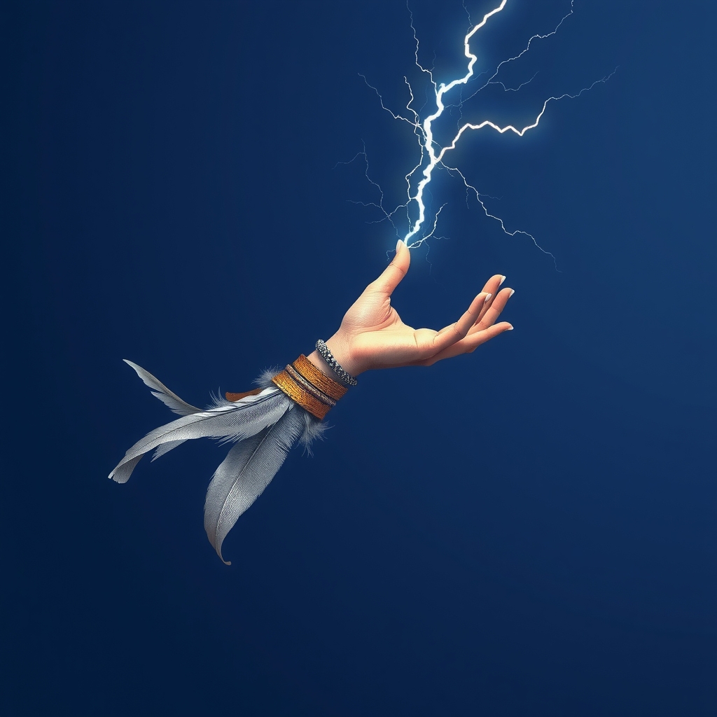 draw a vertical arm on a dark blue background with feather bracelets and lightning coming from the fingers by मुफ्त एआई छवि जनरेटर - बिना लॉगिन के✨ | AIGAZOU