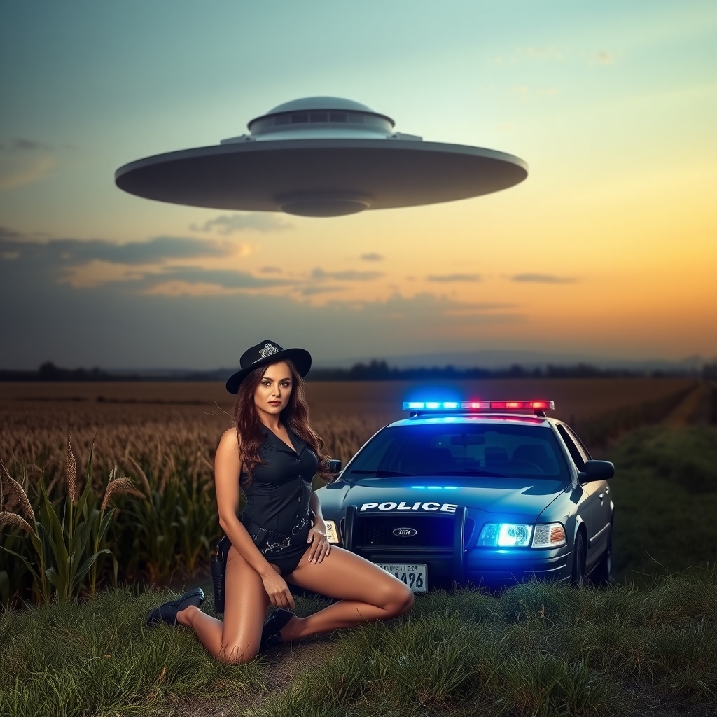 ufo over a cornfield horizon police car bluelight hot policewoman by मुफ्त एआई छवि जनरेटर - बिना लॉगिन के✨ | AIGAZOU