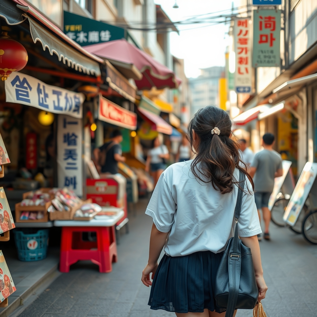 korean market walking miniskirt high school girl by मुफ्त एआई छवि जनरेटर - बिना लॉगिन के✨ | AIGAZOU